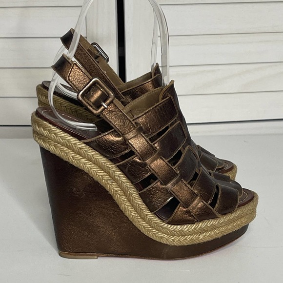 Christian Louboutin Metallic Bronze Leather Barcelona Wedge Sandals Size 35 - Picture 1 of 8